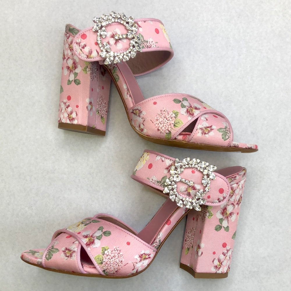 Tabitha Simmons Pink Reyner Embellished Floral Print Satin Sandals NIB 8